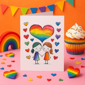 Lesbian Couple Anniversary Card – Cute LGBTQ+ Crayon-Style Greeting | Same-Sex Love or Birthday Card for Her
