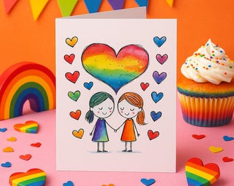 Lesbian Couple Anniversary Card – Cute LGBTQ+ Crayon-Style Greeting | Same-Sex Love or Birthday Card for Her