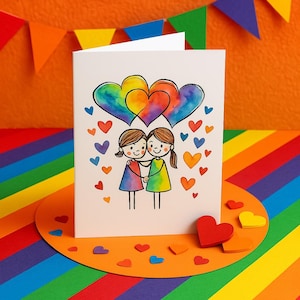 LGBTQ+ Lesbian Couple Card – Cute Anniversary or Birthday Greeting | Crayon-Style Gay Love Illustration