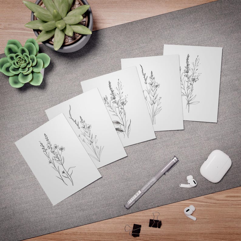 Botanical Line Art Greeting Cards - Elegant Floral Stationery Set - Etsy