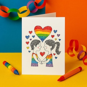 Lesbian Couple Anniversary Card – Cute LGBTQ+ Crayon-Style Greeting | Same-Sex Love or Birthday Card for Her