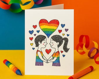Lesbian Couple Anniversary Card – Cute LGBTQ+ Crayon-Style Greeting | Same-Sex Love or Birthday Card for Her