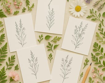 Botanical Line Art Greeting Cards - Elegant Floral Stationery Set
