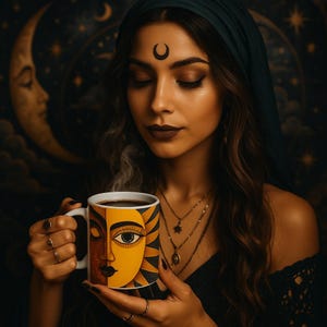 Caneca Boho com rosto de sol e lua | Xícara de café celestial | Presente místico de cerâmica Boho para ela ou para ele