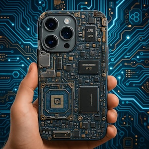 Pode incluir: Capa de smartphone com um design detalhado de placa de circuito em tons de azul, dourado e preto. A capa possui um módulo de câmera com três lentes. Os componentes eletrônicos são visíveis. A capa é segurada em uma mão.