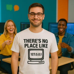 May include: A white t-shirt with the text "There's no place like 127.0.0.1" and a black and white illustration of a computer monitor.
