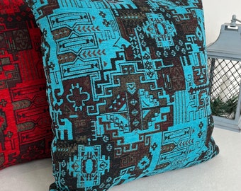 Turkish Rug Pillow, Blue Rug Lumbar Pillow, Qushak Rug Pillow, Handmade Sofa Pillow Cover