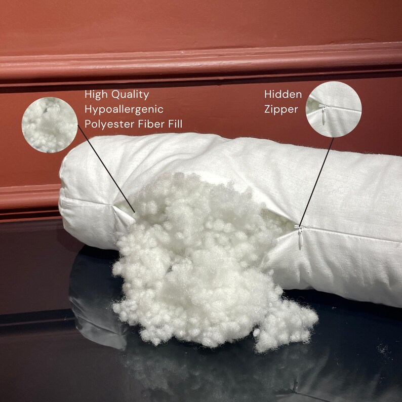 May include: A white pillow with a hidden zipper and a close-up of the hypoallergenic polyester fiber fill. "High Quality Hypoallergenic Polyester Fiber Fill" and "Hidden Zipper" are written on the image.