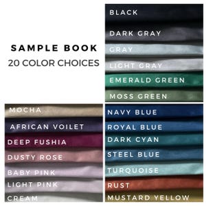 May include: A sample book of 20 fabric swatches in various colors, including black, dark gray, gray, light gray, emerald green, moss green, navy blue, royal blue, dark cyan, steel blue, turquoise, rust, mustard yellow, mocha, African violet, deep fuchsia, dusty rose, baby pink, light pink, and cream.