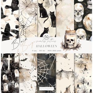 Watercolor Halloween Seamless Patterns: Spooky Digital Paper, Black Cat, Spider Web, Skull (Digital Download)