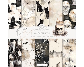 Watercolor Halloween Seamless Patterns: Spooky Digital Paper, Black Cat, Spider Web, Skull (Digital Download)