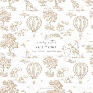 Könnte beinhalten: Nahtloses Musterdesign mit Safari-Tieren und Heißluftballons im Toile-Stil. Das Design umfasst Giraffen, Elefanten, Bäume und Heißluftballons in Sepia-Tönen auf weißem Hintergrund. Der Text "SAFARI TOILE" ist ebenfalls enthalten.