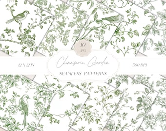 Green Chinoiserie Floral Seamless Patterns, Vintage Floral Digital Paper, Vintage Patterns, Chinoiserie Toile Pattern, Vintage Clipart, JPG