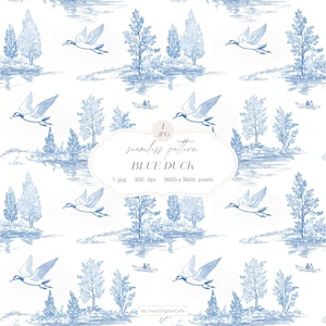Blå anka Chinoiserie sömlöst mönster: Toile de Jouy sjödesign (digital nedladdning)