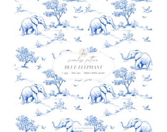 Blue Elephant Chinoiserie Seamless Pattern, Modern Toile de Jouy Digital Paper, Safari Design