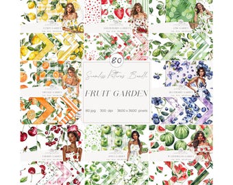 Watercolor Fruit Garden Seamless Patterns: Fruits Digital Paper Bundle (Digital Download)