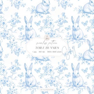 Puede incluir: Un patrón sin costuras con conejos blancos, flores azules y mariposas sobre un fondo blanco. El diseño incluye el texto "TOILE BUNNIES". La imagen es un archivo digital con una resolución de 3600 x 3600 píxeles.