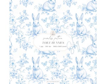 Blue Chinoiserie Toile de Jouy Seamless Paper: Bunny Background, Pattern for Papers, Fabrics, POD (Digital Download)