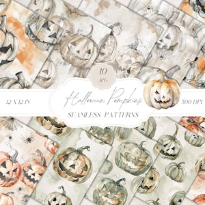 Spooky Halloween Pumpkins Seamless Patterns, Watercolor Vintage Halloween Digital Papers, Cute Halloween Pumpkin Pattern, Commercial Use