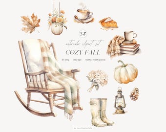 Watercolor Fall Clipart: Neutral Autumn Graphics, Cozy Cottage, Floral, Pumpkins, Stickers Clip Art (Digital Download)