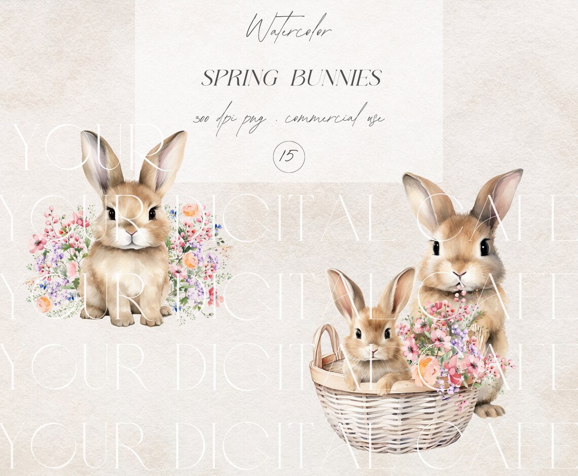 Watercolor Bunnies Clipart Bundle, Cute Bunnies Illustration, Spring ...
