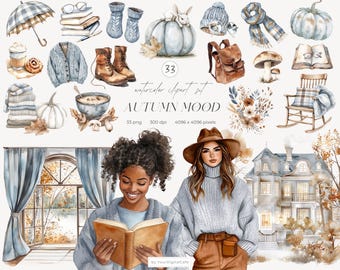 Watercolor Autumn Mood Clipart: Cozy Fall PNG, Pumpkins, Cottagecore, Stickers Clip Art (Digital Download)