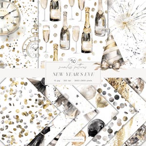 Papeles sin costuras de Feliz Año Nuevo: Patrones de Nochevieja, fondo de confeti brillante, papel para scrapbooking (descarga digital)