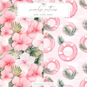Pink Summer Elements Seamless Patterns: Watercolor Floral Background, Scrapbook Paper (Digital Download) image 3