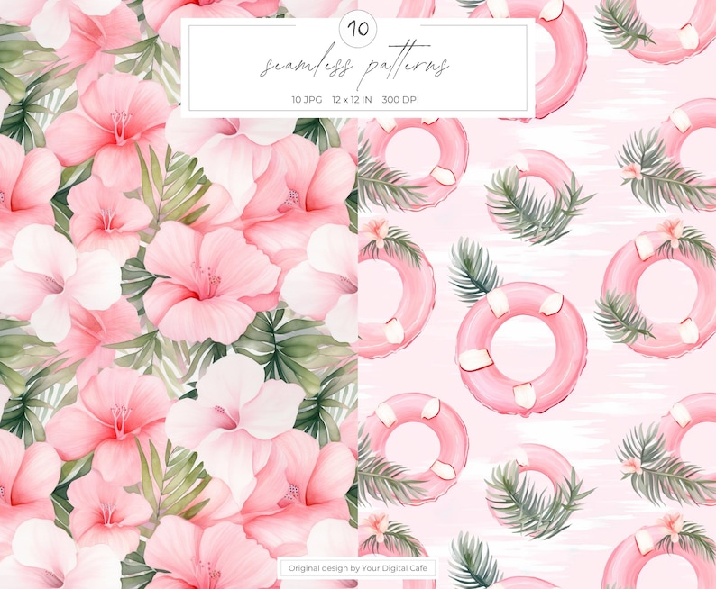 Pink Summer Elements Seamless Patterns: Watercolor Floral Background, Scrapbook Paper (Digital Download) image 3