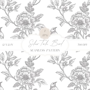 Zilveren toile vogels naadloos patroon, vintage patronen, vintage bloemen digitaal papier, chinoiserievogelpatroon, clipart voor papieren, stoffen