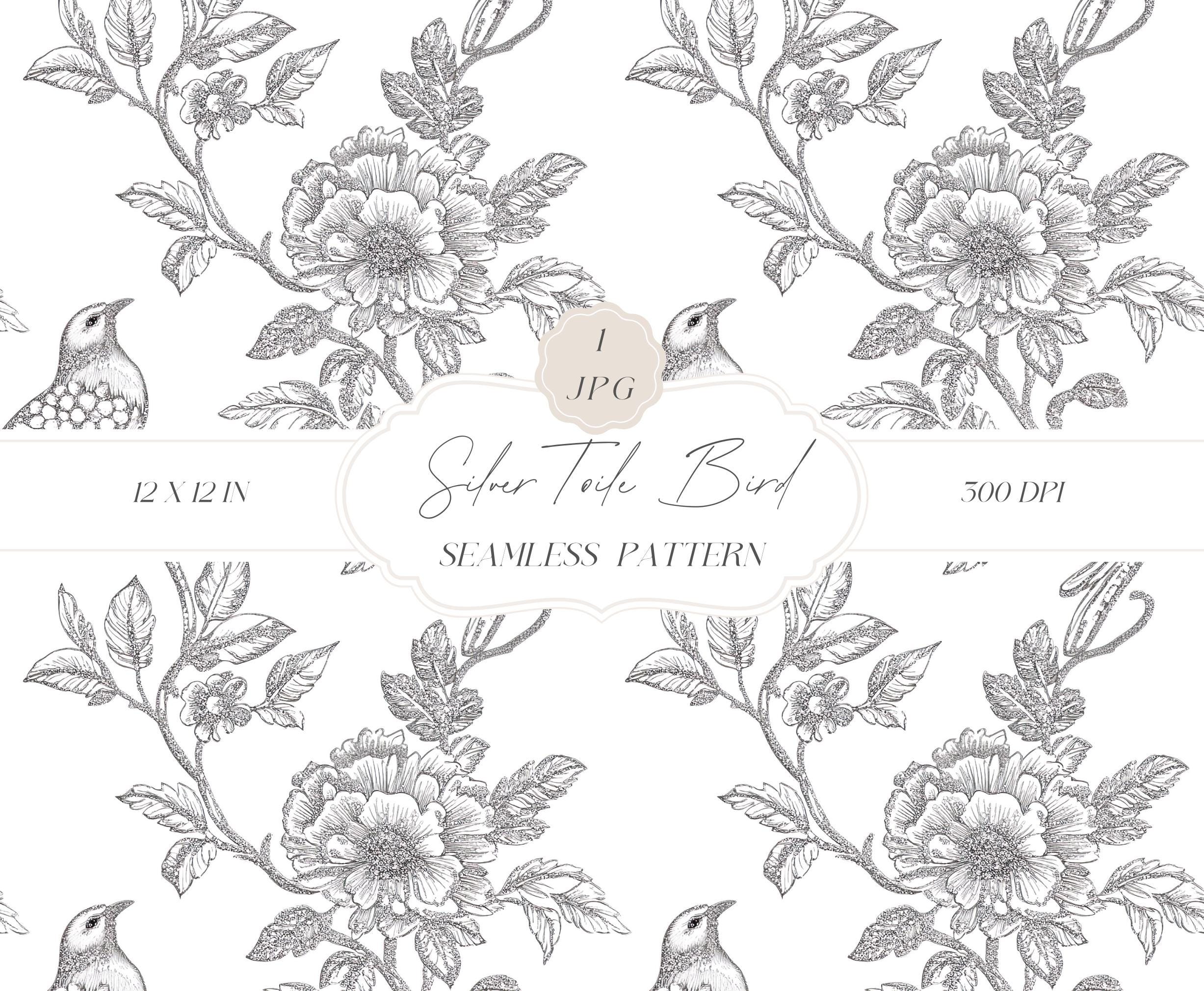 Silver Toile Birds Seamless Pattern, Vintage Patterns, Vintage Floral Digital Paper, Chinoiserie Bird Pattern,  Clipart for Papers, Fabrics