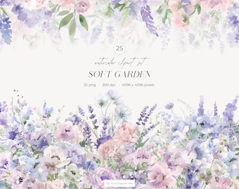 Watercolor Pastel Floral Clipart: Wild Flowers Borders & Bouquets, Spring Flower PNG, Floral Border, Wedding ClipArt (Digital Download)