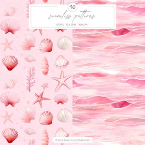 Pink Summer Elements Seamless Patterns: Watercolor Floral Background, Scrapbook Paper (Digital Download) image 4