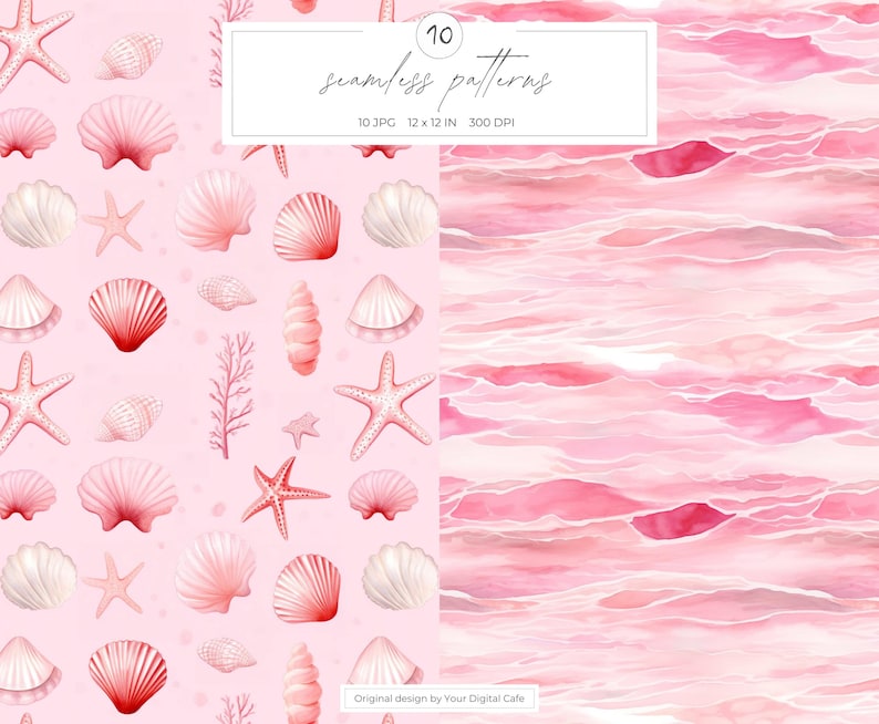Pink Summer Elements Seamless Patterns: Watercolor Floral Background, Scrapbook Paper (Digital Download) image 4