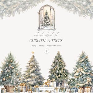 Watercolor Decorated Christmas Trees, Christmas Tree Clipart, Festive Winter PNG, Holiday Season Clip Art, Commercial Use