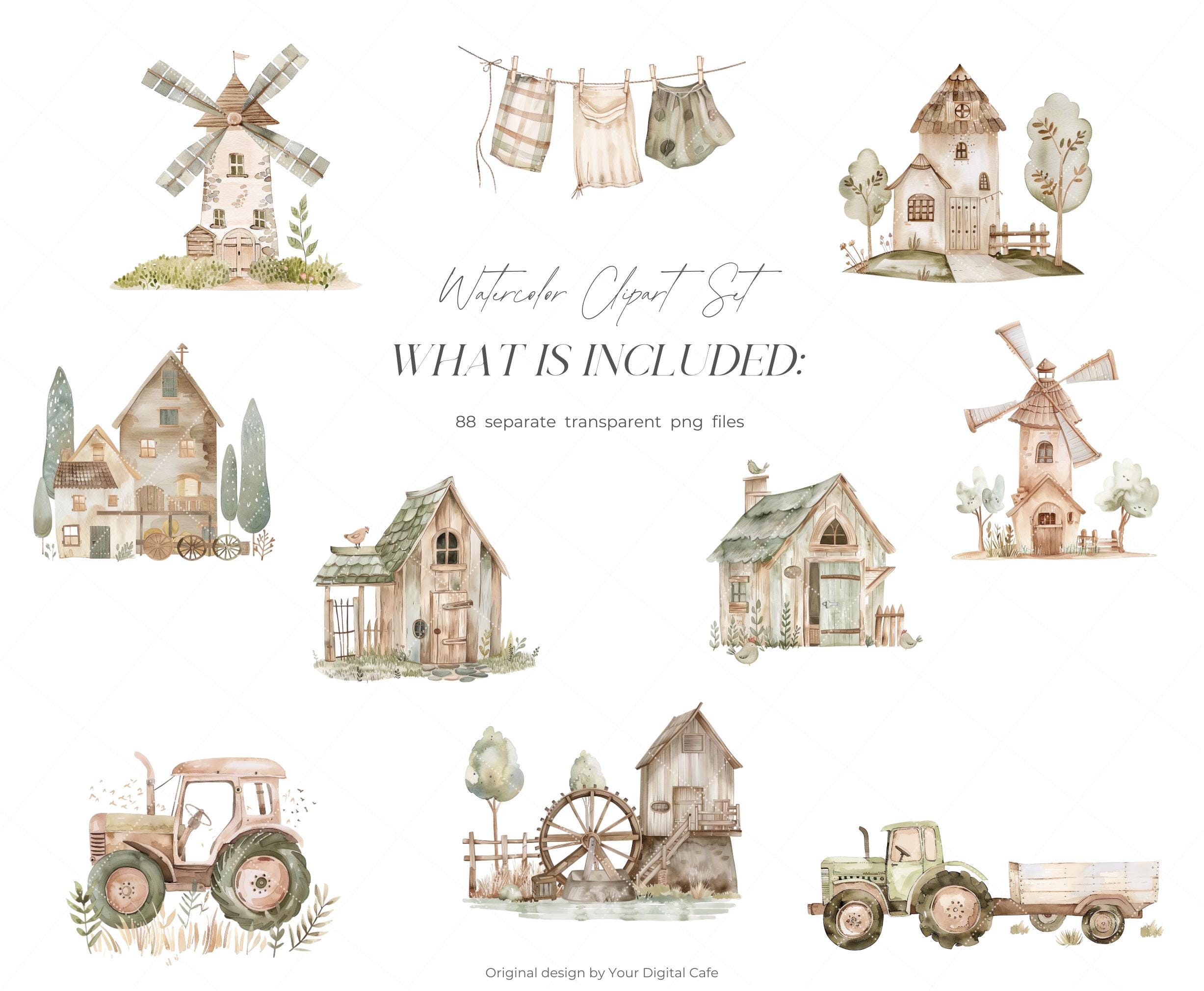 Watercolor Farm Animal Clipart Bundle: Goose Clip Art, Cute Mouse, Cows ...