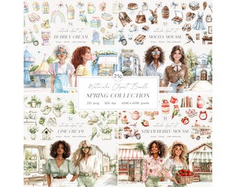 Watercolor Spring Clipart Bundle: Floral, Cozy Cottage, Summer Clip Art, Stickers, Scrapbook (Digital Download)