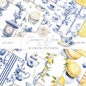 Aquarelle chinoiseries, motifs sans couture de l'heure du thé, papier numérique bleu et blanc, JPEG motif floral, motif répétitif, papier de scrapbooking