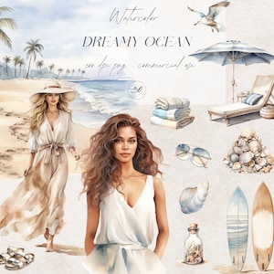 Pacchetto Clipart Oceano Acquerello, Grafica Spiaggia Estiva Neutra, PNG Tempo in Spiaggia, Clipart Estate Acquerello, Ragazza Acquerello, Adesivi Digitali
