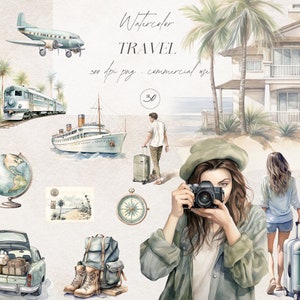Pacote de clipart de viagem em aquarela, gráficos de viagem neutros, PNG de tempo de viagem, clipart de verão em aquarela, garota em aquarela, adesivos digitais
