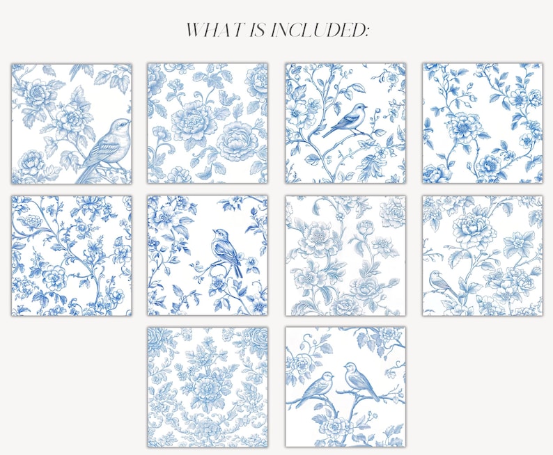 Blue Chinoiserie Seamless Patterns: Vintage Floral Birds Toile De Jouy ...