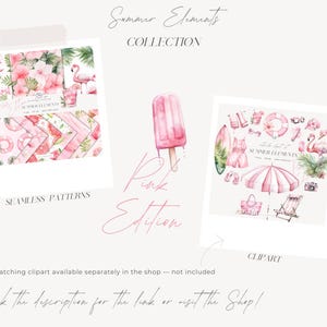 Pink Summer Elements Seamless Patterns: Watercolor Floral Background, Scrapbook Paper (Digital Download) image 8