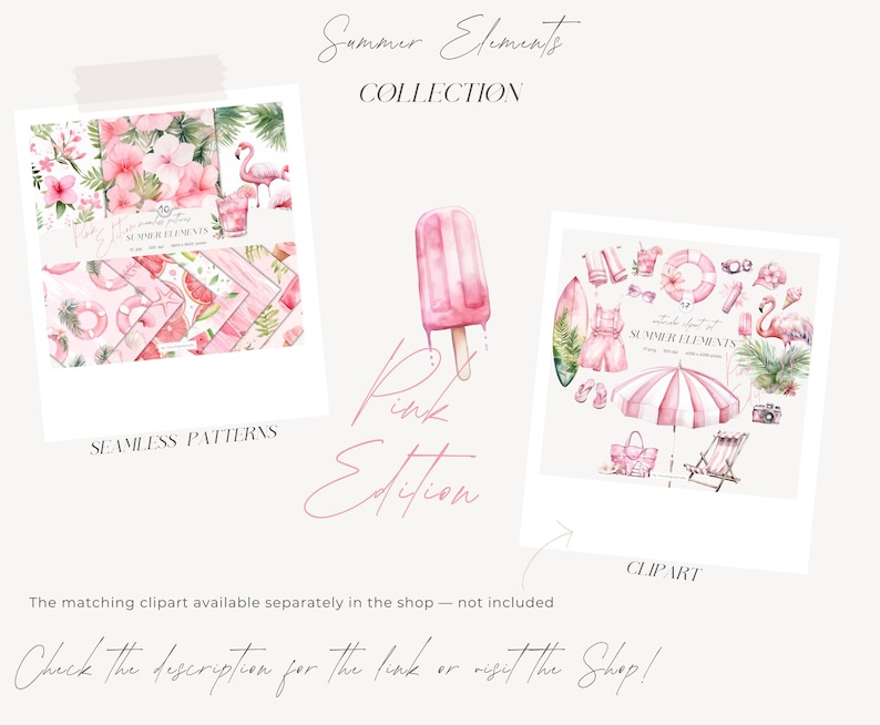 Pink Summer Elements Seamless Patterns: Watercolor Floral Background, Scrapbook Paper (Digital Download) image 8