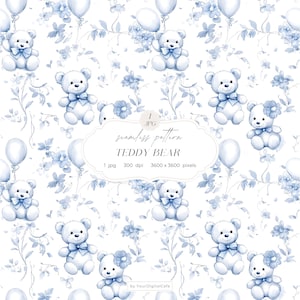 Blue Teddy Bear Pattern, Chinoiserie Digital Paper, Nursery Seamless Background, Toile de Jouy