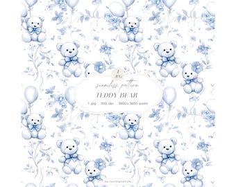 Blauw teddybeerpatroon, digitaal papier in Chinoiserie-stijl, naadloze achtergrond voor de kinderkamer, Toile de Jouy