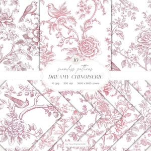 Peut inclure: Dix motifs sans couture de style Chinoiserie, avec des oiseaux, des fleurs et des branches roses sur fond blanc. Les motifs sont détaillés et complexes. Le texte "DREAMY CHINOISERIE" est affiché. L'image mesure 3600 x 3600 pixels.