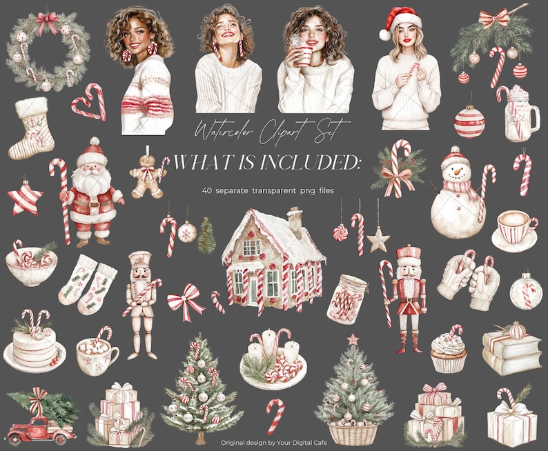 Gezellige kerst candy cane clipart: neutrale winter graphics, leuke kerst png, stickers illustraties (digitale download) afbeelding 10