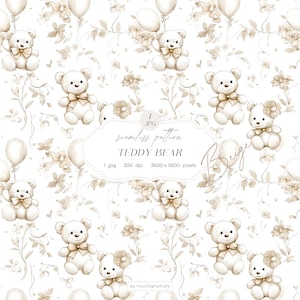 Puede incluir: Un patrón sin costuras con osos de peluche de acuarela, globos y elementos florales en tonos beige y crema suaves. Los osos tienen lazos y están intercalados con globos y flores. El texto "TEDDY BEAR" es visible.