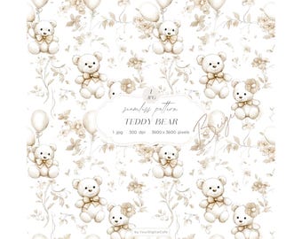 Beige teddybeerpatroon, naadloze achtergrond voor de kinderkamer, digitaal papier in Chinoiserie-stijl, Toile de Jouy