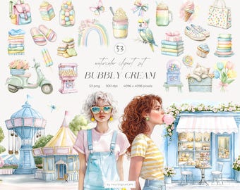 Clipart de acuarela de primavera: Dulces PNG, piruletas, helados, ilustraciones pastel para pegatinas de verano (descarga digital)